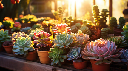 Succulents in a greenhouse, modern business and private entrepreneurship, a gift for a holiday. sun - obrazy, fototapety, plakaty