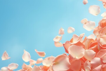 peach fuzz color sakura falling petals on blue background romantic illustration 