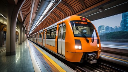 Sleek and modern subway train in motion against the backdrop of a vibrant urban cityscape - obrazy, fototapety, plakaty