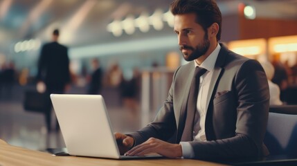 Attractive businessman remotely working in cafe restaurant using technology wireless laptop, corporate manager male prepare report present customer outside the office, business entrepreneur lifestyle