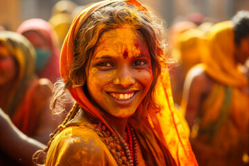 Cultural Splendor: Portrait of a Woman Dancing in Holi Colors