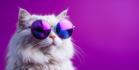 Naklejka premium Portrait of a white fluffy cat wearing round sunglasses. Luxurious domestic kitty in glasses poses on pink background wall