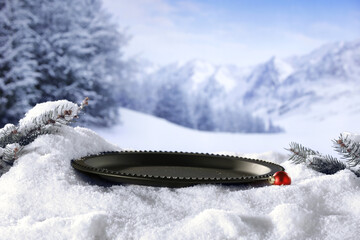 Winter landscape of snow and frost with empty space for your decoration. 
