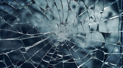 Broken glass on a dark blue background. A crack on the window glass. Close-up