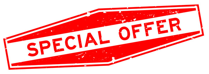 Grunge red special offer word hexagon rubber seal stamp on white background