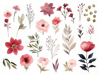 Watercolor floral clipart, aquarelle plants isolated on white background