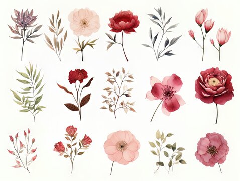 Watercolor floral clipart, aquarelle plants isolated on white background