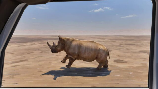 A grey rhino running alongside a safari jeep as viewed from inside the jeep.