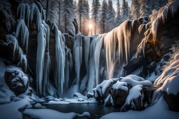 A frozen waterfall illuminated by the soft glow of sunlight