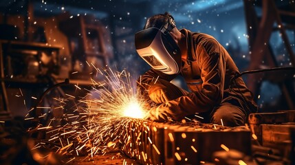 Skilled worker performing precise arc welding with electric welder in modern workshop