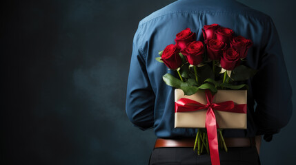 Man holding a bouquet of red roses in one hand and a gift box with a red ribbon in the other, suggesting a romantic gesture or celebration.