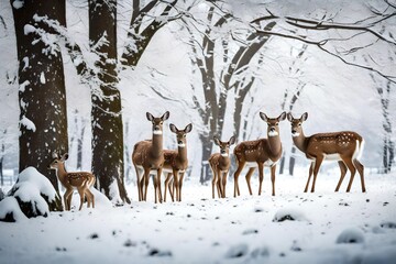 A family of deer seeking shelter under snow-covered trees