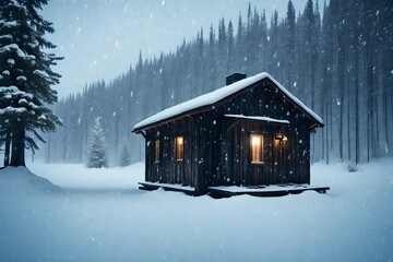 A wooden cabin engulfed in snowflakes during a blizzard