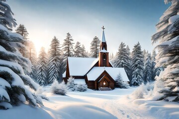 A serene snow-covered church nestled among tall pine trees