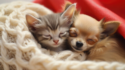 Fototapeta na wymiar Small Chihuahua dog and a tabby kitten snuggled together under a knit blanket