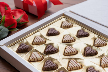 valentine sweet chocolate and red wine on wooden background
