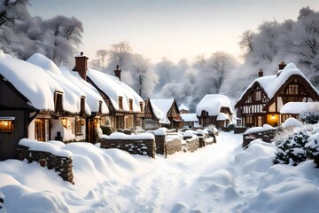 A quaint village blanketed in snow, with charming cottages