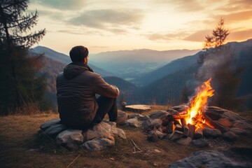 A man sitting in the mountains by the fire, relaxing and enjoying the beautiful view at sunset - obrazy, fototapety, plakaty