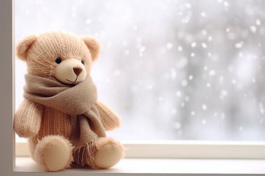 minimalist cute Bear toy in a window