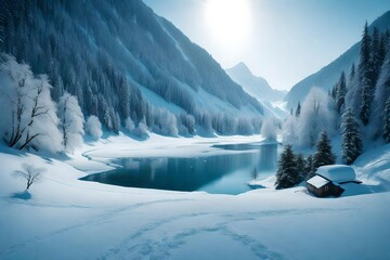 A gentle snowfall creating a serene atmosphere in a mountainous landscape