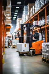 Efficient warehouse operations with forklifts, shelves, and workers managing logistics, transportation, and distribution of merchandise and goods.