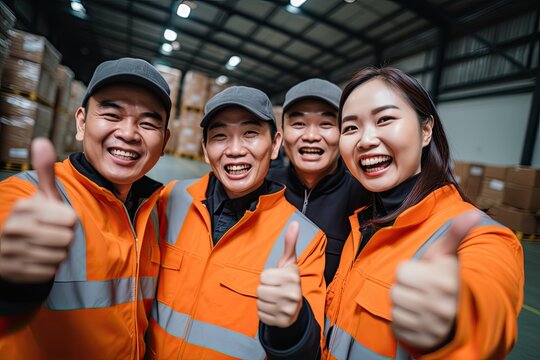Successful Asian industrial team in a factory, wearing protective gear, ensuring safety and health in the workplace.