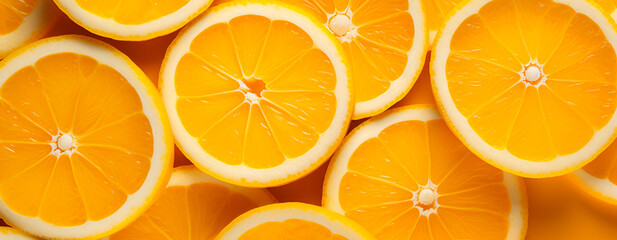 Background of lemon slices. Lemon slices close-up. Top view. Banner.