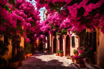 An enchanting alley bordered by lush pink bougainvillea, the sound of a gentle breeze