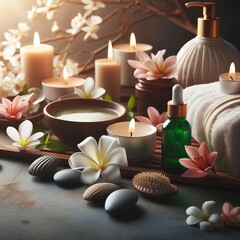 Fototapeta na wymiar Serene spa setting with candles, flowers, stones, and skincare products, evoking relaxation and luxury.