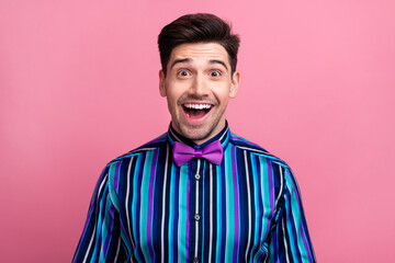 Photo of astonished positive elegant person open mouth unbelievable news reaction isolated on pink color background