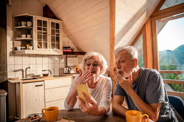 Senior couple having video call from mountain cabin