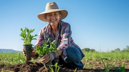 Naklejka na ściany i meble Smiling senior woman farmer wearing a straw hat kneeling in a field