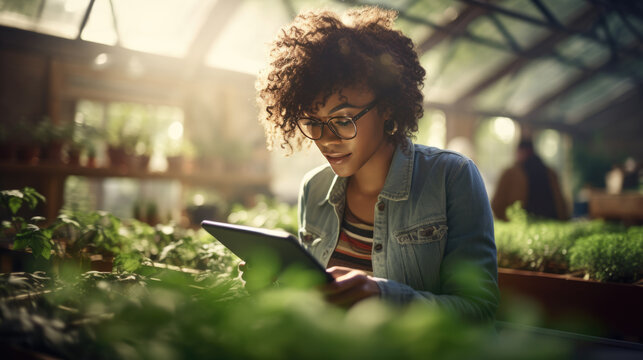 Female farmer stands and holds tablet in her hands in greenhouse