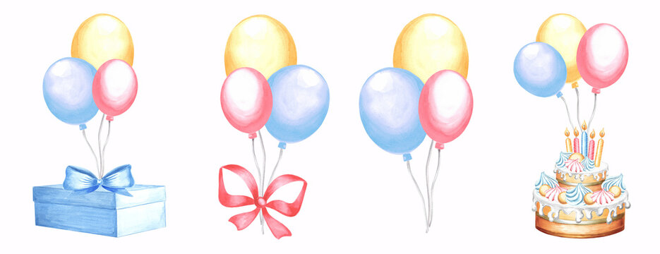 Balloons with cake, giftbox and bow Watercolor set holiday . Template illustration of Happy birthday. Isolated bunch of colorful balloons. Clipart for greeting cards, invitation, wrapper, sticker