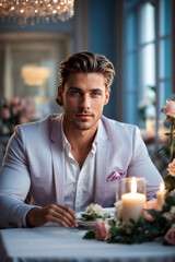 Romantic Dinner Date - Across the Table - Stunningly Attractive Male Model, created with Generative AI technology