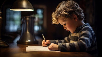 Fototapeta na wymiar a child writing at a desk with a lamp in a dark room with a blurred background.
