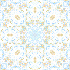 Golden -beige light blue ornamental seamless vector pattern, on white background