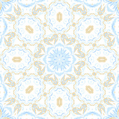 Golden -beige light blue ornamental seamless vector pattern, on white background