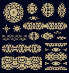 Set of golden decorative elements - ornamental rosette, mandala, ornamental vector border ribbon, openwork texture oriental style, on dark background