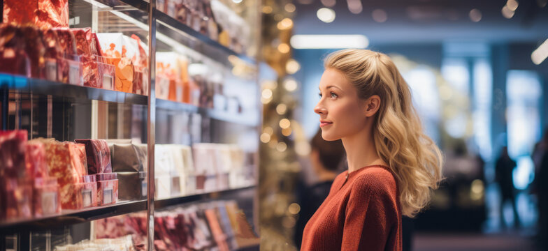 A Blonde Woman Shopping In A Store With Shelves Of Colorful Products, Including A Christmas Tree With Lights.