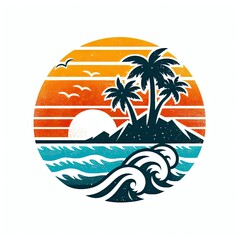 illustration of summer beach. vintage grunge logo. ai generated