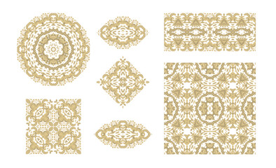 Set of golden decorative elements - ornamental rosette, round frames mandala, ornamental vector border ribbon, openwork textures, oriental style, on white background - obrazy, fototapety, plakaty