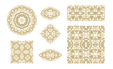 Foto op Plexiglas Set of golden decorative elements - ornamental rosette, round frames mandala, ornamental vector border ribbon, openwork textures, oriental style, on white background © Dana