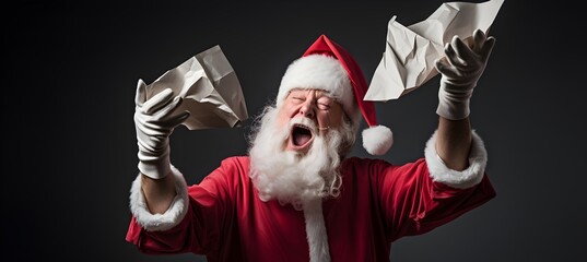 santa claus hiding behind a sheet of paper on a red background