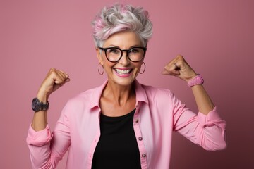 Happy sport senior elderly businesswoman in pink blazer proud of her fit, strong form on pastel background. Copy space. Banner.