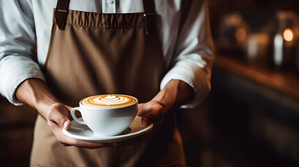 Expert barista in a white shirt and grey vest serves coffee in a retro cafe, with warm hues and polished silver accents