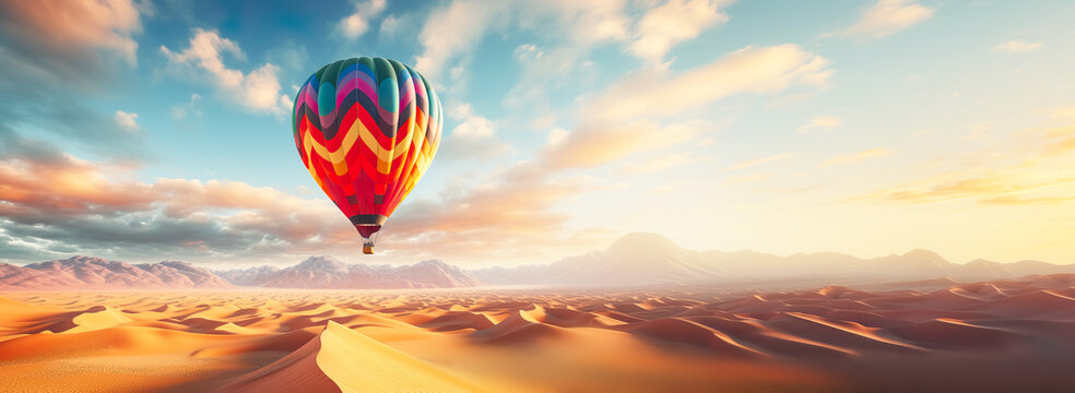 Hot air balloon floting in sky on desert landscape.nature outdoor background view.adventure and travel concepts
