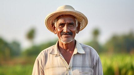 A confident portrait of a happy Indian farmer in rural India concept on white background.  - obrazy, fototapety, plakaty