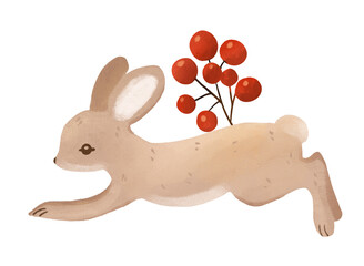 A cute white bunny is jumping. Hand-drawn cozy fall decor with a rabbit and red berries.