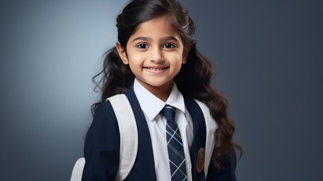 Cute little Indian schoolgirl in uniform looking at camera with backpack while standing on white background